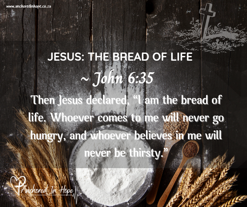 Corn with a bowl of Flour, the verse on the picture is John 6:35 talking about the bread of life